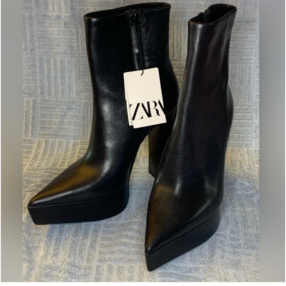 ZARA PLATFORM POINTED TOE BLACK LEATHER ANKLE BOOTS 7.5 NWT IN PKG